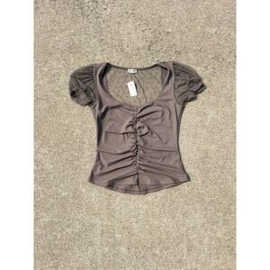 Free People Blouse Women Size XS Falcon Gray Blush Up Lace Short Sleeve Shirt